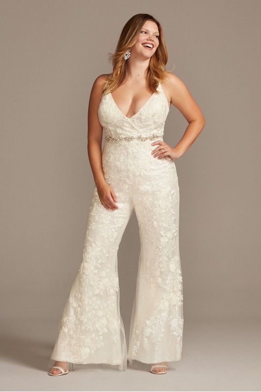 Floral Overlay Plus Size Flare Wedding Jumpsuit  9SWG839