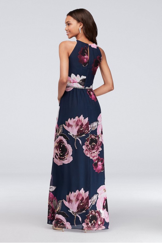 Floral Print Chiffon Halter Dress with Beaded Belt SL Fashions 9171244
