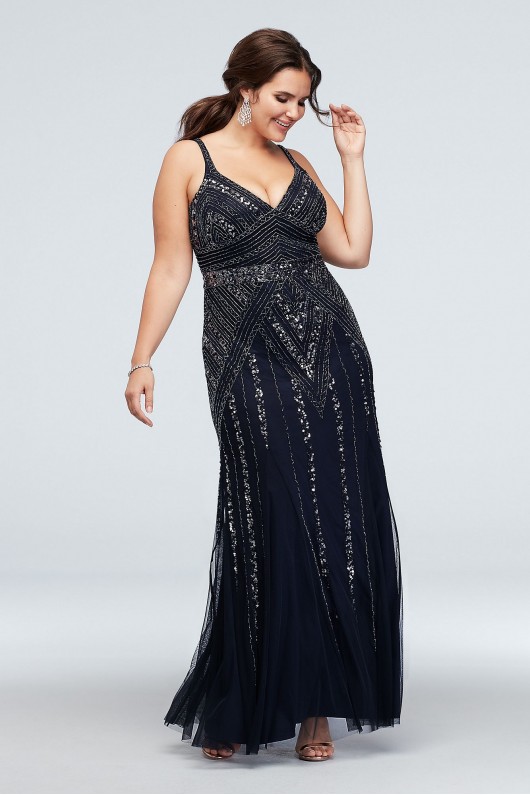 Geometric Bead and Sequin V-Neck Plus Size Gown Marina 262139W