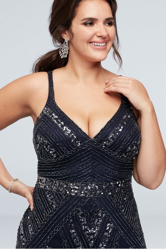Geometric Bead and Sequin V-Neck Plus Size Gown Marina 262139W
