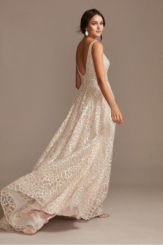 Geometric Sequin Plunge Petite Wedding Dress  7SWG863
