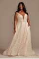 Geometric Sequin Plunge Plus Size Wedding Dress  9SWG863