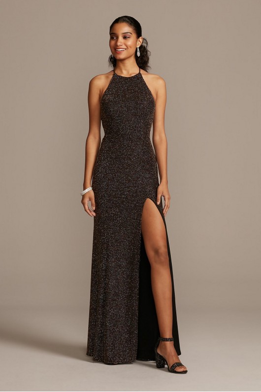 Glitter Knit High Neck Dress with Back Cutout Blondie Nites 1732BN