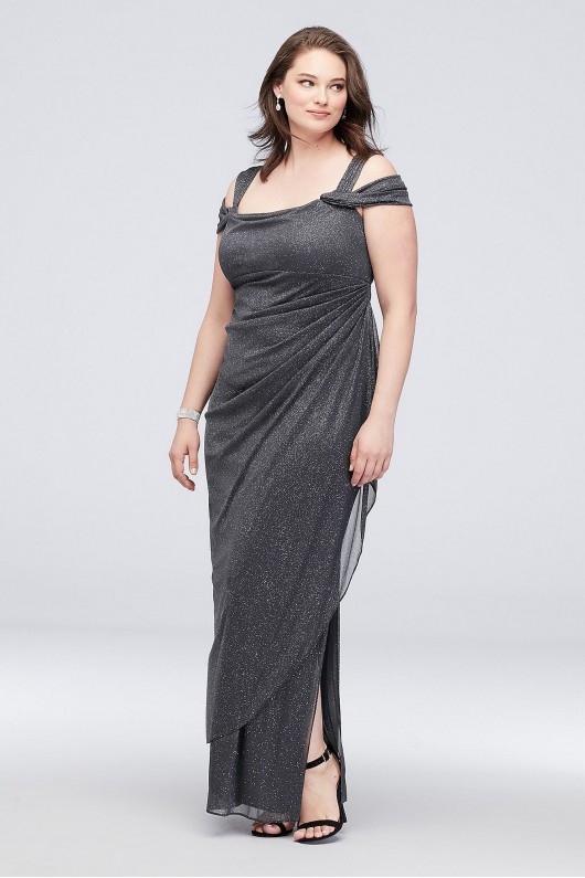 Glitter Mesh Cowlneck Plus Size Dress with Ruching Alex Evenings 433026