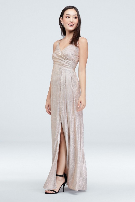 Glitter Metallic Draped Double Skinny Strap Gown Morgan and Co 21882D