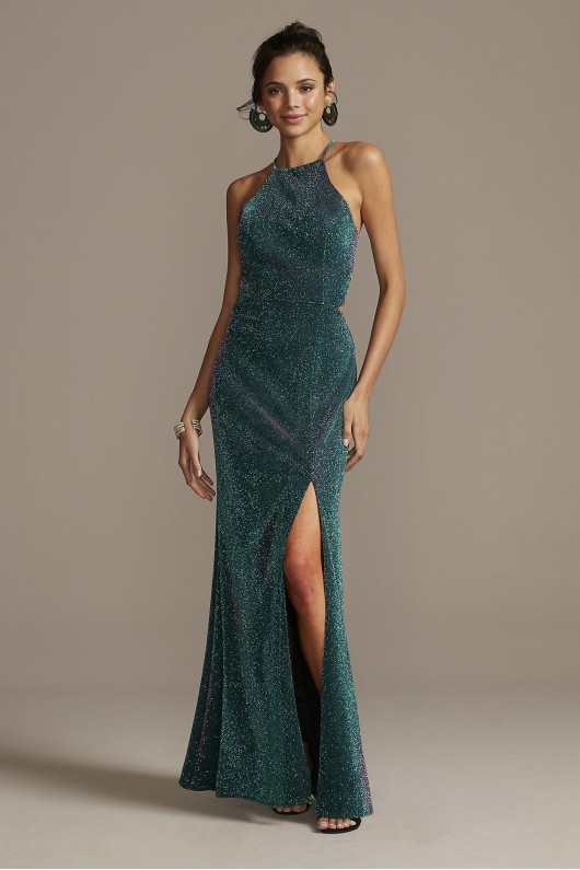 Glittery High Neck Mermaid Gown with Lace-Up Back Morgan and Co 12720