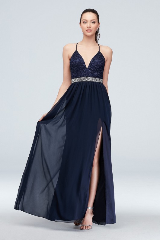 Glittery Lace Deep-V Skinny-Strap Dress with Belt Emerald Sundae CRF3473430