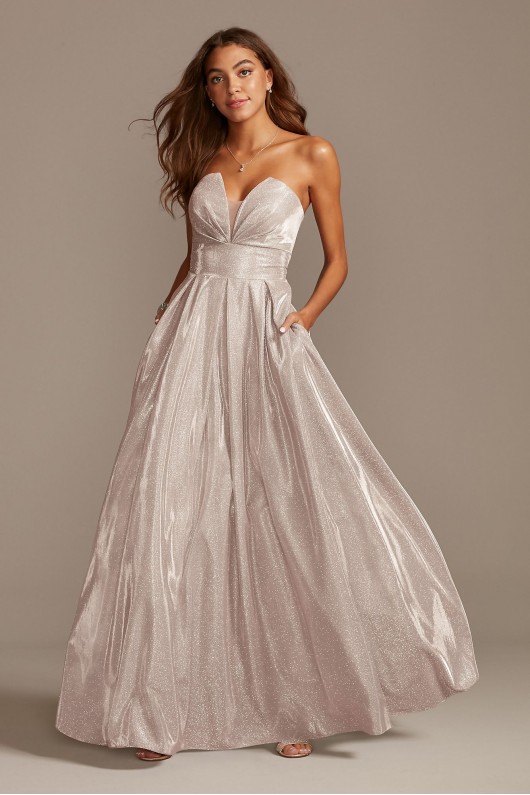 Glittery Strapless Ball Gown with Illusion Plunge Betsy and Adam A23053