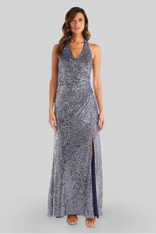 Halter Sequin Dress with Slit and Side Ruching Morgan and Co 12779D