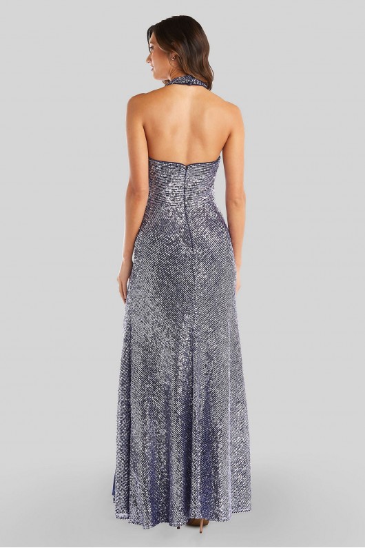 Halter Sequin Dress with Slit and Side Ruching Morgan and Co 12779D
