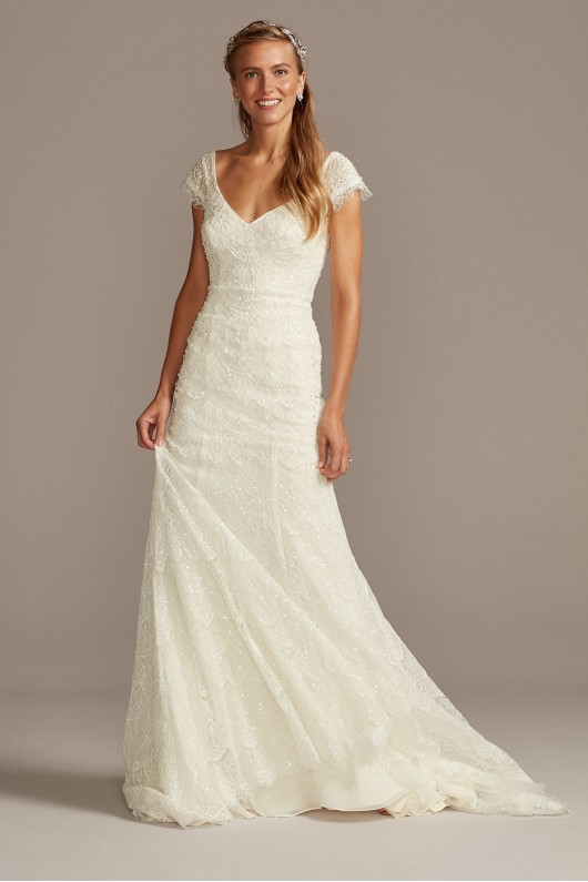 Hand Beaded Lace Cap Sleeve Petite Wedding Dress Melissa Sweet 7MS251206