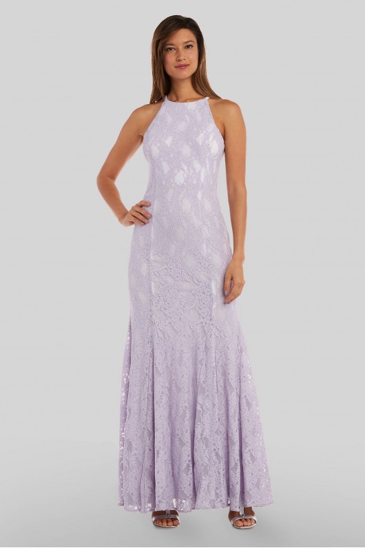 High Neck Lace Mermaid Gown with Scallop Trim Morgan and Co 21790J
