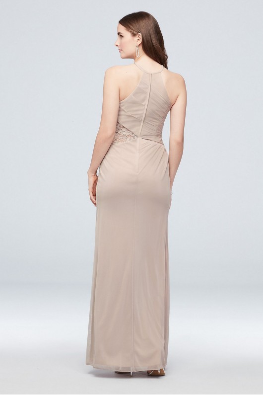 High-Neck Mesh Bridesmaid Dress with Lace Inset  F19985
