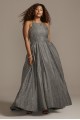 High Neck Metallic Plus Size High Low Hem Gown Betsy and Adam A23281W
