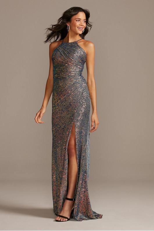 High Neck Side Ruched Sequin Dress with Slit Night Studio 2243