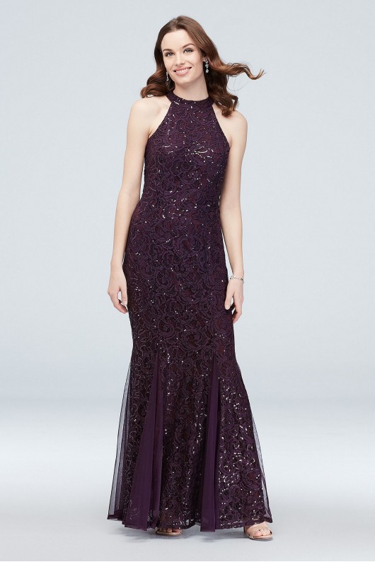 High-Neck Tie Sequin Lace Mermaid Gown with Godets Marina 263209