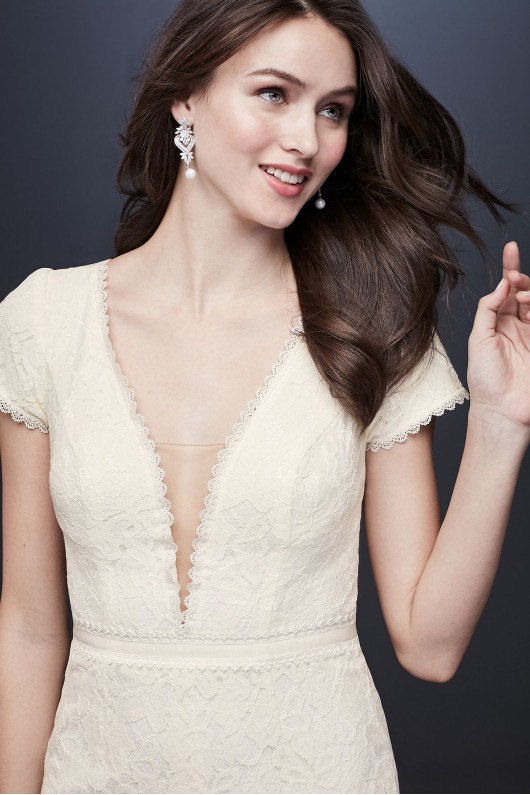 Illusion Deep V-Neck Cap Sleeve Lace Wedding Dress Galina WG3951