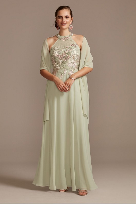 Illusion High Neck Floral Embroidered Chiffon Gown Cachet 60273D