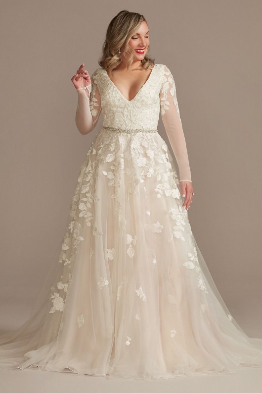 Illusion Long Sleeve Applique Plunge Wedding Dress  LBSWG820
