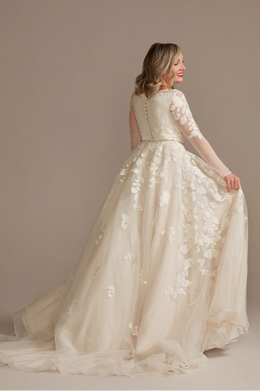 Illusion Long Sleeve Applique Plunge Wedding Dress  LBSWG820