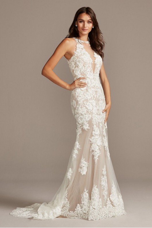 Illusion Sequin Floral Applique Wedding Dress  SWG843