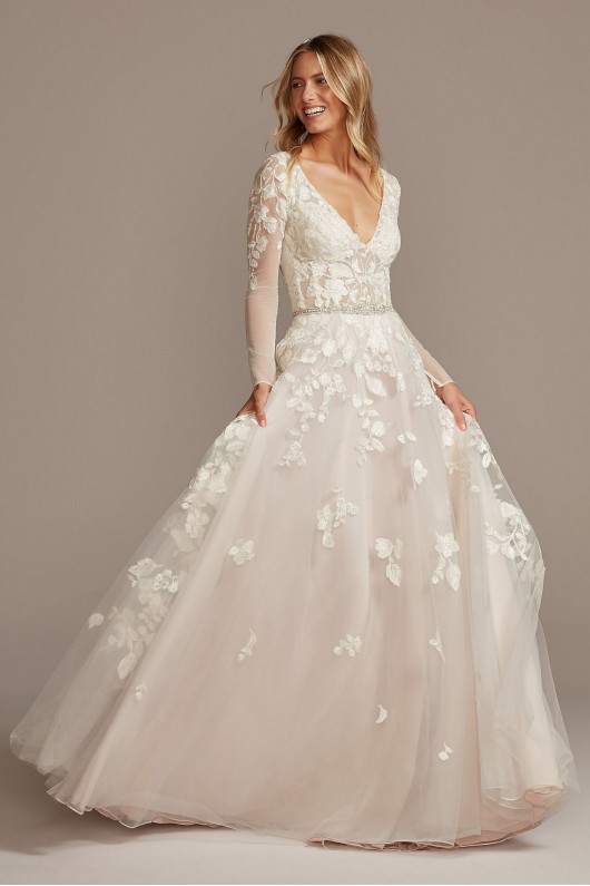 Illusion Sleeve Plunging Petite Wedding Dress  7SWG820