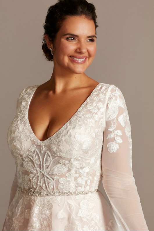 Illusion Sleeve Plunging Plus Size Wedding Dress  9SWG820