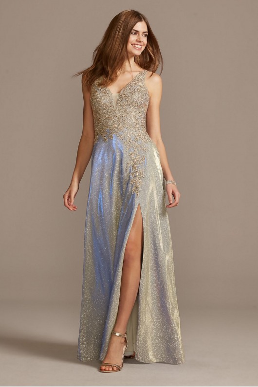 Iridescent Glitter Metallic Gown with Applique Xscape 3242X