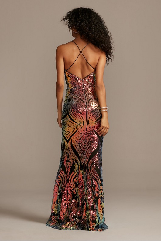 Iridescent Sequin Brocade Illusion Plunge Dress Night Studio S20042