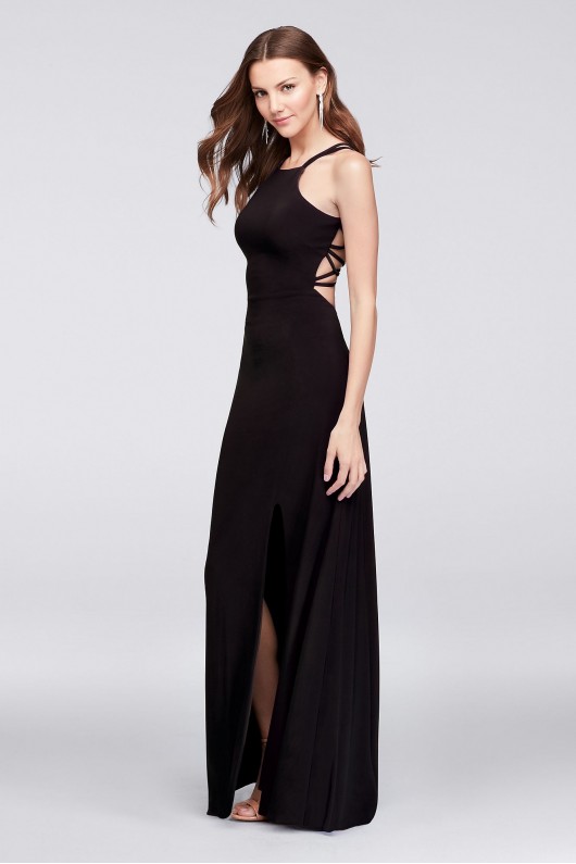 Jersey Gown with Strappy Open Back and High-Neck Morgan and Co 12489