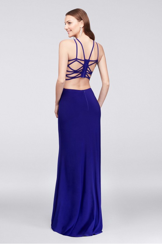 Jersey Gown with Strappy Open Back and High-Neck Morgan and Co 12489