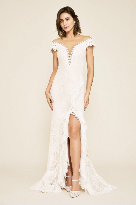 Joliet Ruffle Slit Lace Sheath Wedding Dress Tadashi Shoji BEL18881LBR