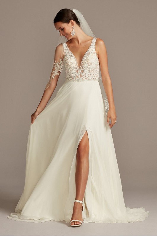 Lace Applique Illusion Chiffon Skirt Wedding Dress  SWG842