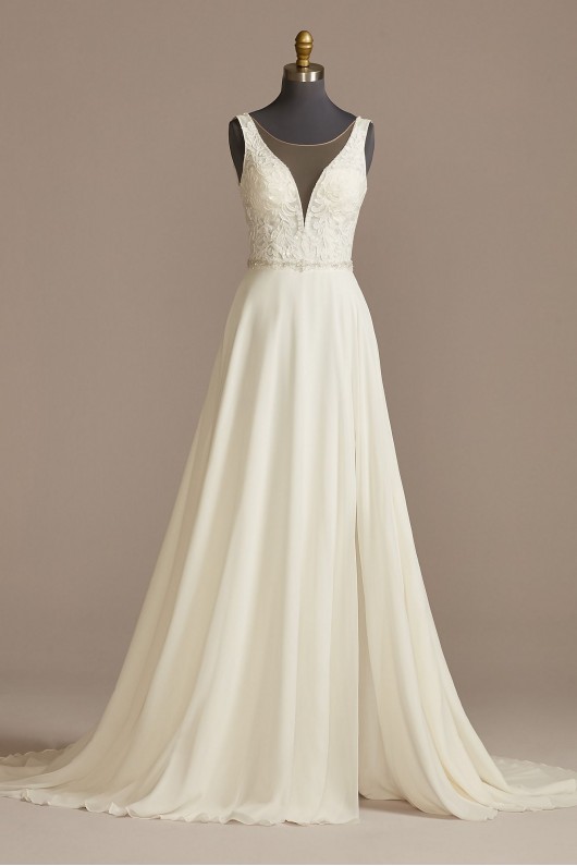 Lace Applique Plunge Chiffon Skirt Wedding Dress  LBSWG842