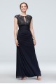 Lace Bodice Keyhole Gown with Mesh Ruched Cascade Betsy and Adam A22197
