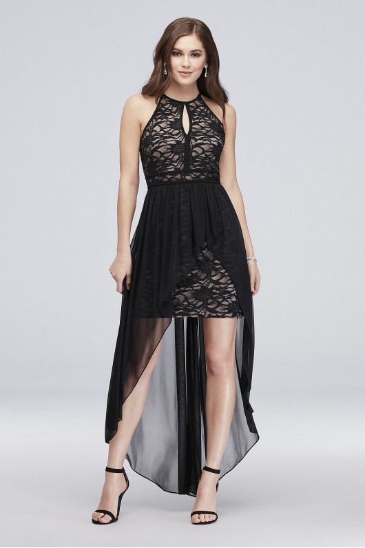 Lace Glitter Keyhole Halter Dress with Overskirt Morgan and Co 12163