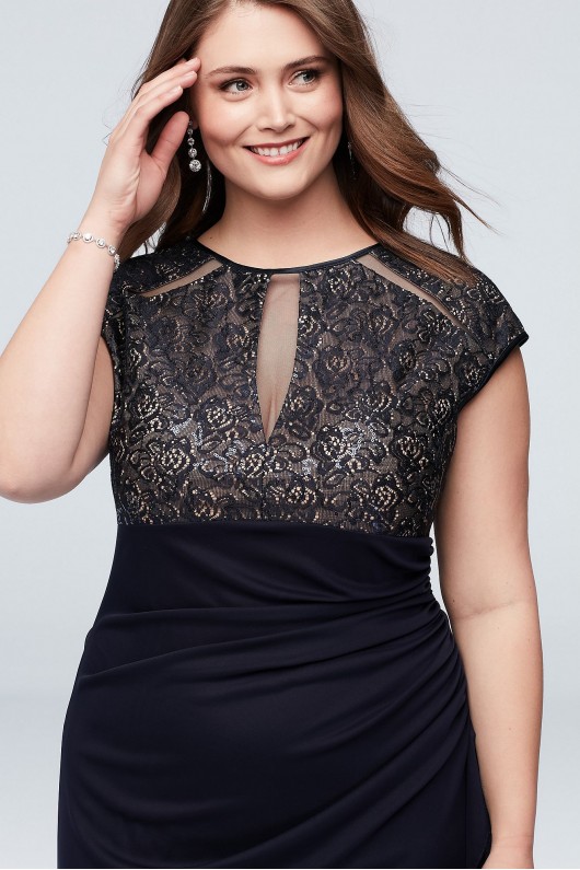 Lace Keyhole Plus Size Gown with Ruched Cascade Betsy and Adam A22197W