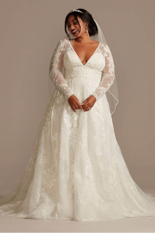 Lace Long Sleeve Open Back Plus Size Wedding Dress  8CWG893