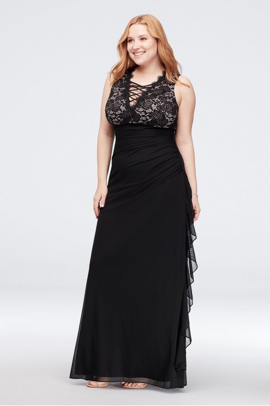 Lace-Up Neckline Gathered Chiffon Plus Size Gown Betsy and Adam A19503W