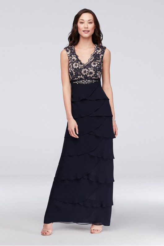 Lace and Tiered Chiffon Sheath Gown with Scarf Jessica Howard JHDM6193