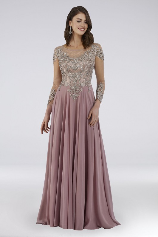 Lara Beaded A-Line Gown with Long Illusion Sleeves Lara 29749