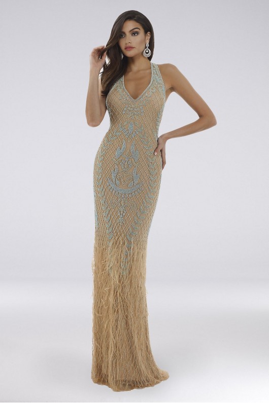 Lara Dallas Beaded Halter Gown with Feathers Lara 29598