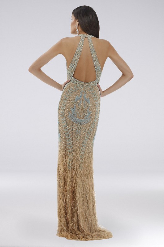 Lara Dallas Beaded Halter Gown with Feathers Lara 29598