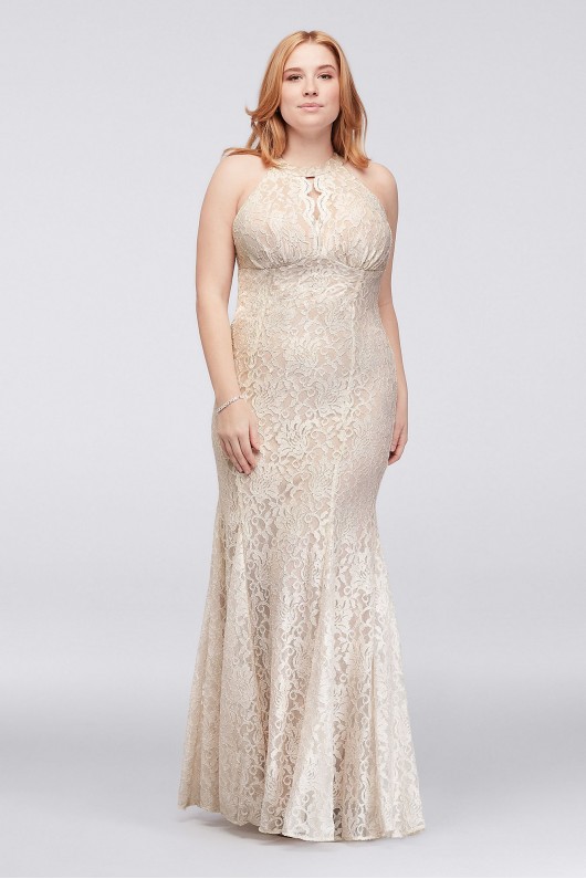 Long Glitter Lace Halter Plus Size Dress Morgan and Co 21416W