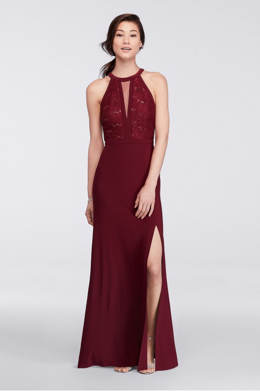 Long Halter Lace Dress with Illusion Cutout Morgan and Co 21434