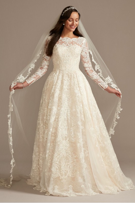 Long Sleeve Beaded Lace Folded Skirt Wedding Dress  SLCWG780