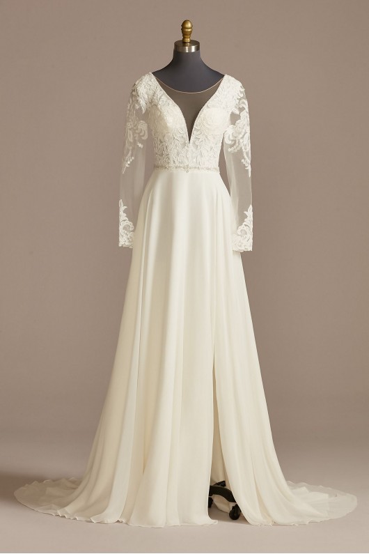 Long Sleeve Lace Applique Plunging Wedding Dress  SLLBSWG842