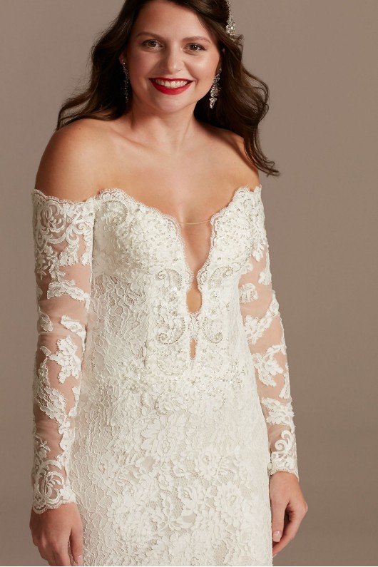 Long Sleeve Plunging Petite Lace Wedding Dress  7SLSWG855