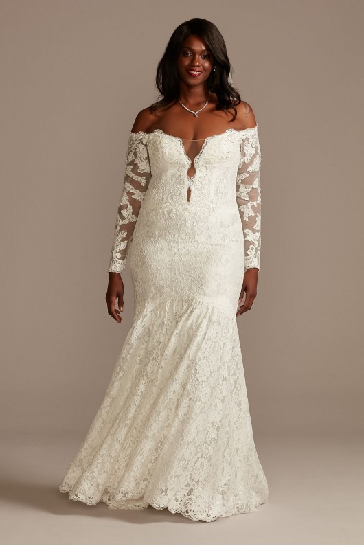Long Sleeve Plunging Plus Size Lace Wedding Dress  9SLSWG855