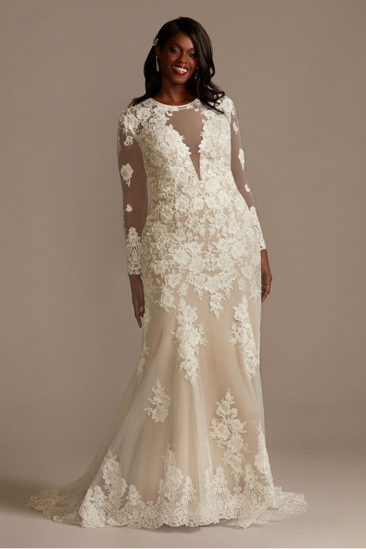 Long Sleeve Plus Size Sequin Floral Wedding Dress  9SLSWG843